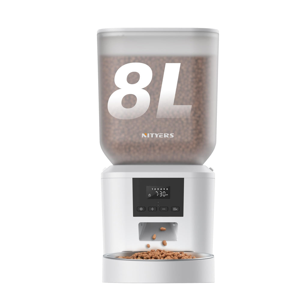 Nityers automatic feeder front view highlights 8L capacity for reliable meals when away