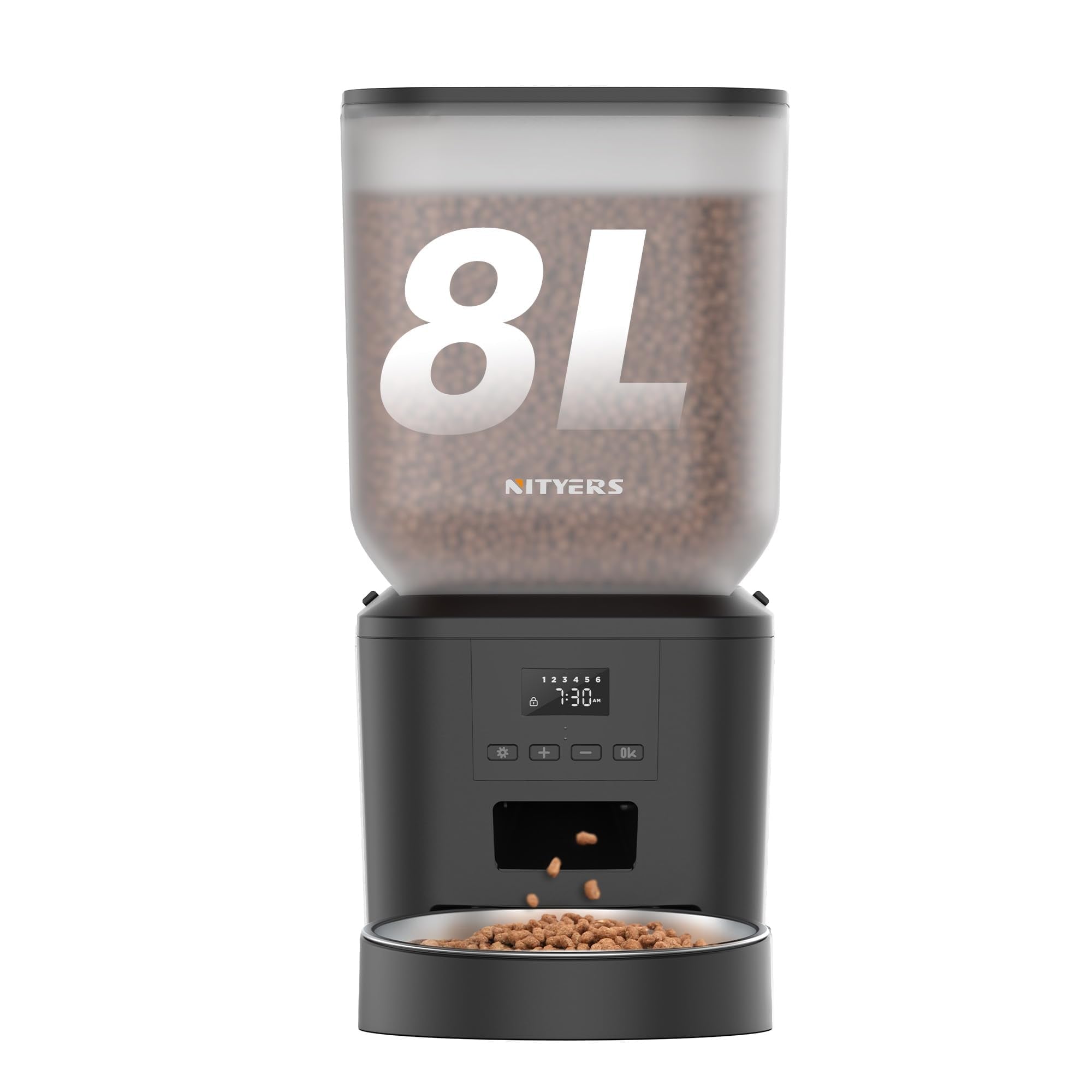 Nityers automatic feeder front view highlights stable base for uninterrupted pet meals.