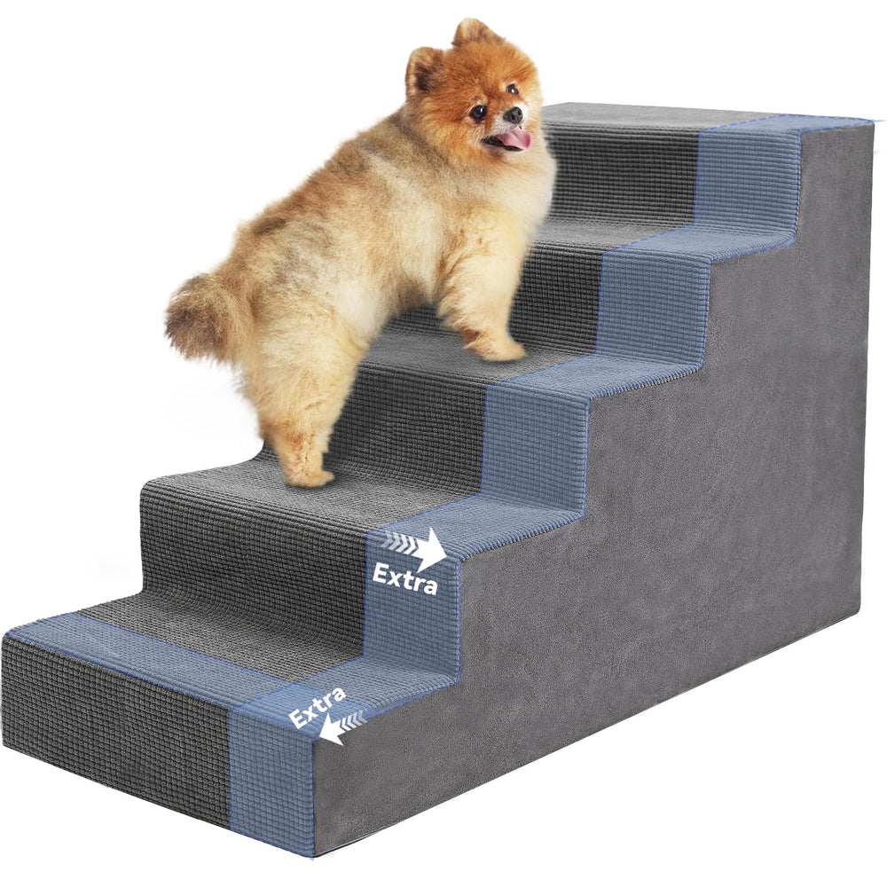 Niubya dog stairs 5-step grey on bed and couch for easier access and stability.