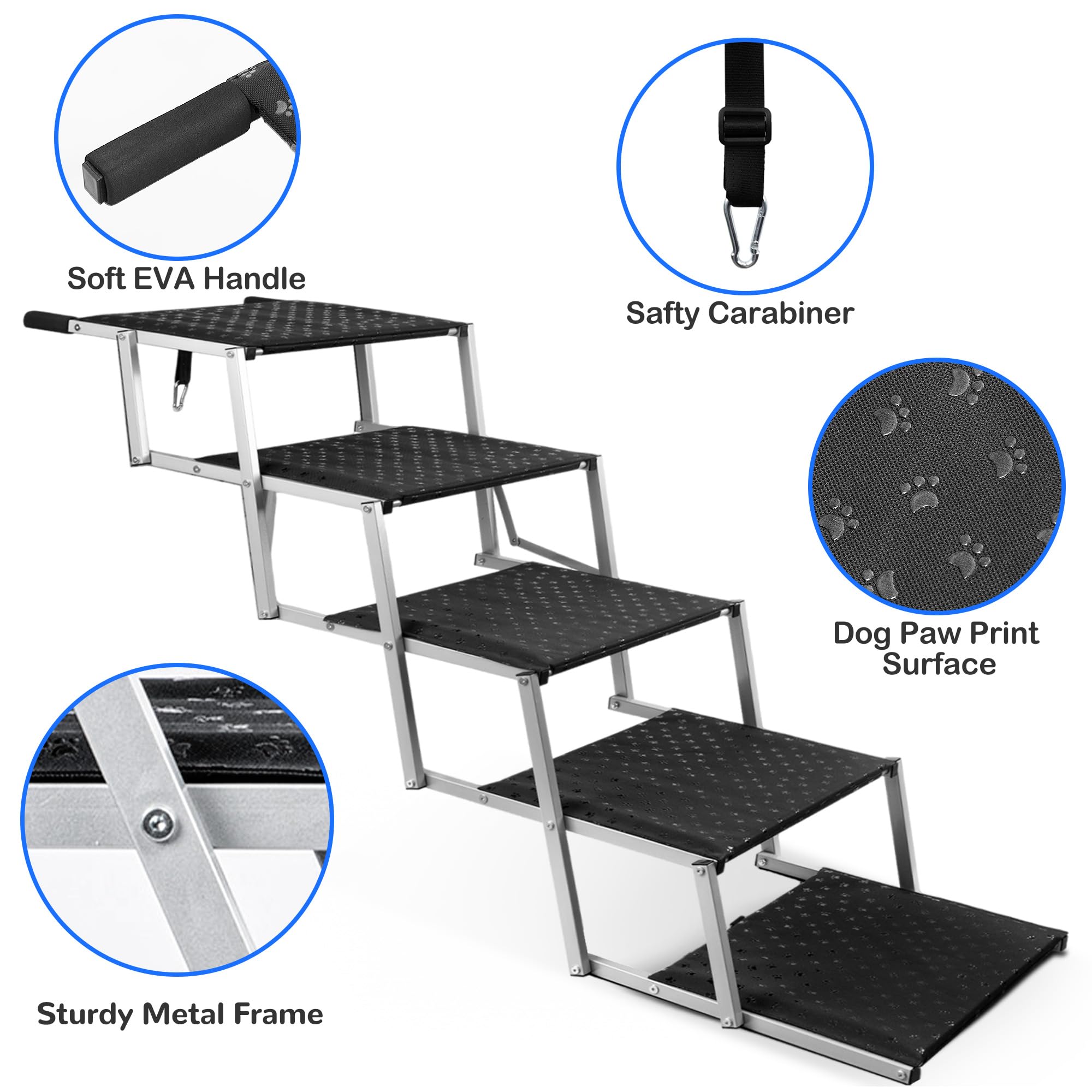 Niubya stairs show safety carabiners for secure vehicle attachment.