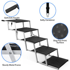 Niubya stairs show safety carabiners for secure vehicle attachment.