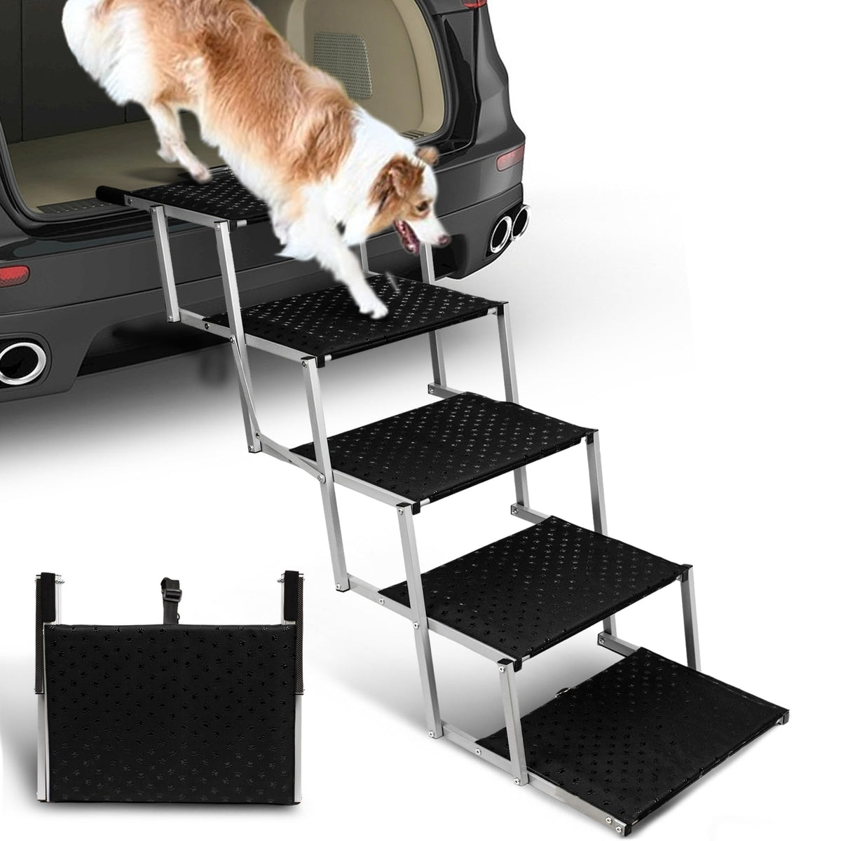 Niubya dog stairs for cars show sturdy metal frame supporting up to 200 lb.