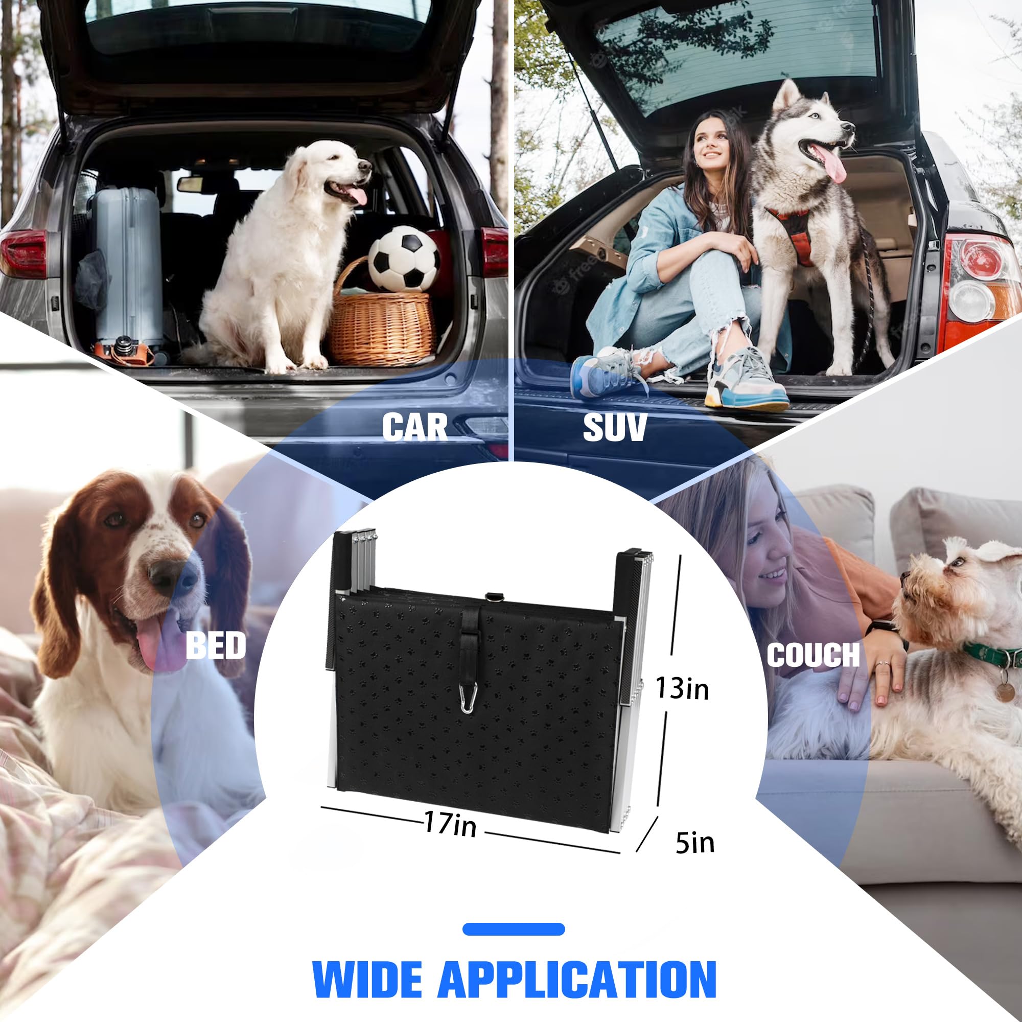 Niubya height-adjustable stairs fit various vehicles and dog sizes.