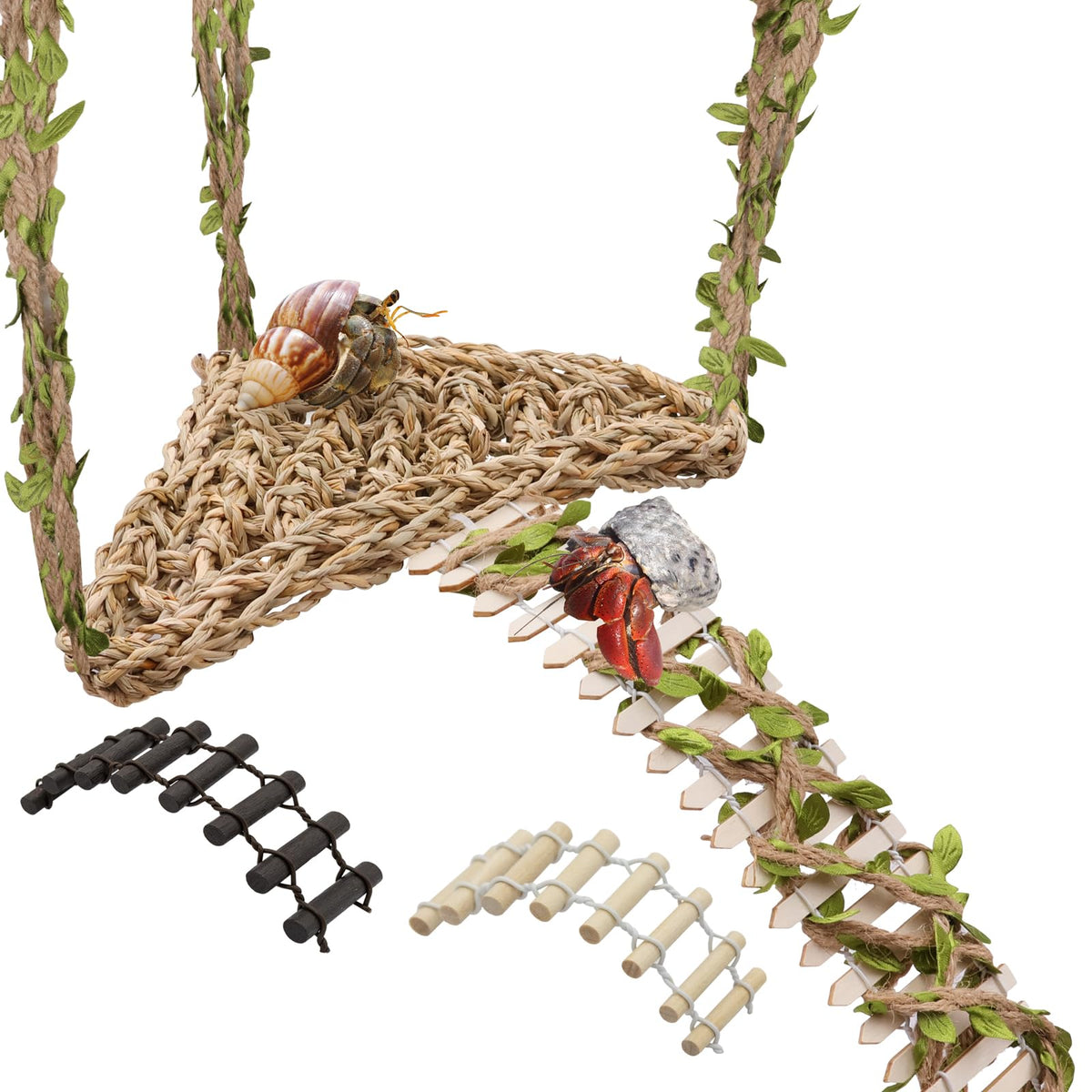 Niuohoy Hermit Crab Climbing Toys Set main view shows sturdy seagrass and wood for safe climbing