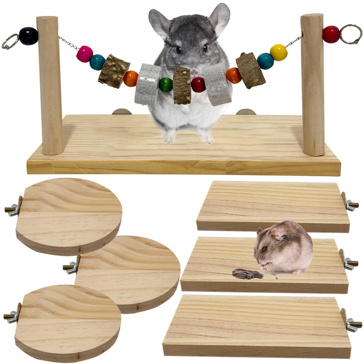 Niwaes 7 Pcs Chinchilla Ledges Wood Set packaging highlights natural materials for engaging habitats.