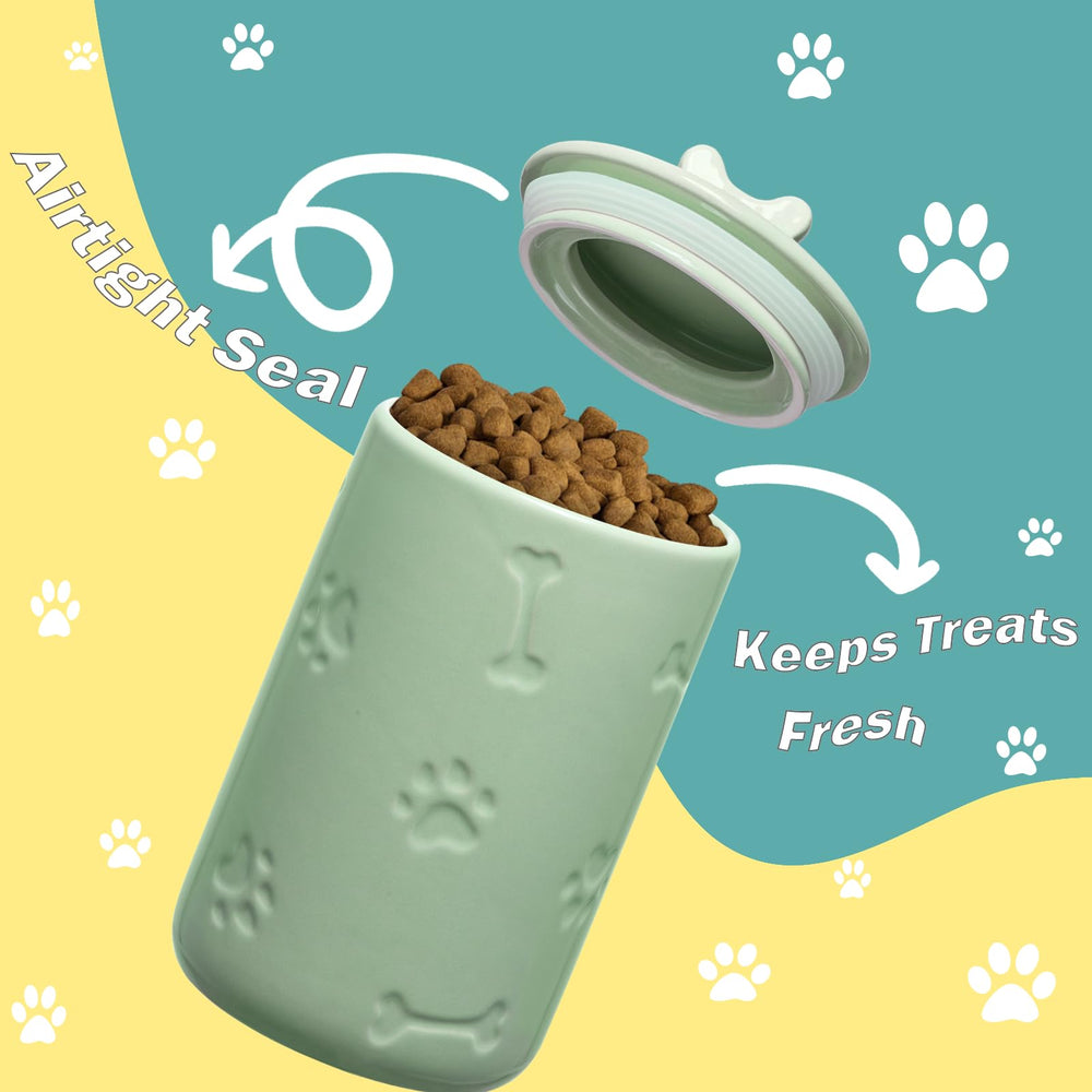 NIXBYO ceramic pet treat container on a kitchen counter for easy reach.