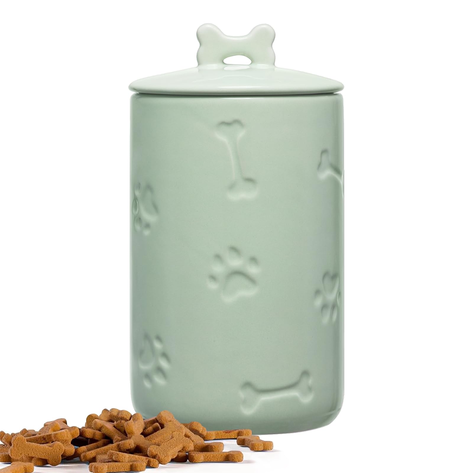 NIXBYO dog treat container with airtight lid on a green ceramic finish for freshness.