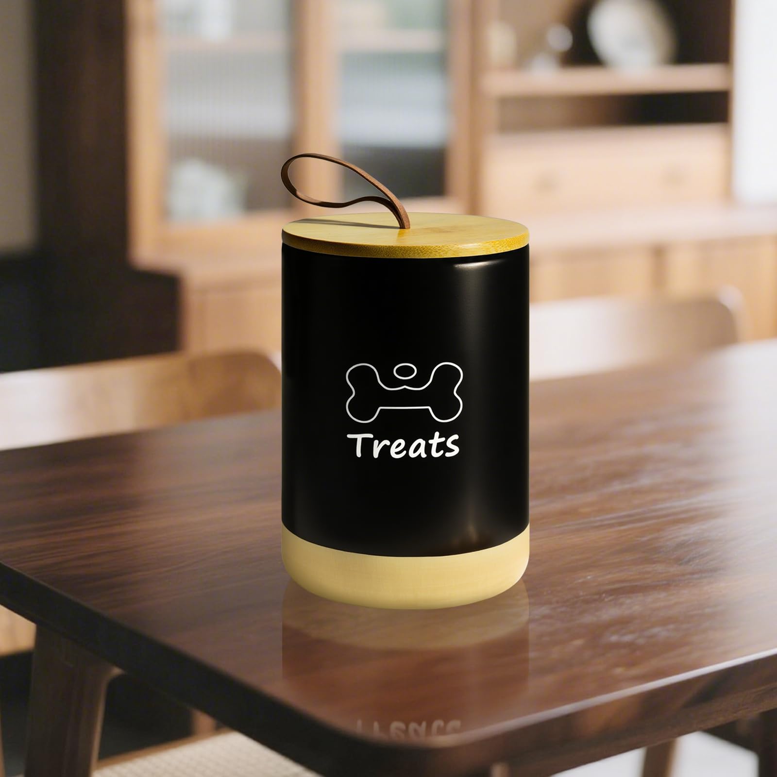 NIXBYO kitchen decorative container stores kibble and dental sticks on-counter.
