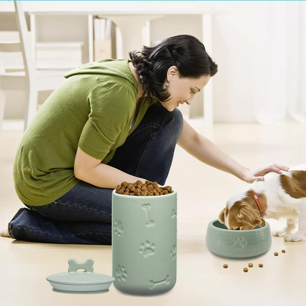NIXBYO green ceramic dog treat canister featuring a bone pattern and farmhouse style.