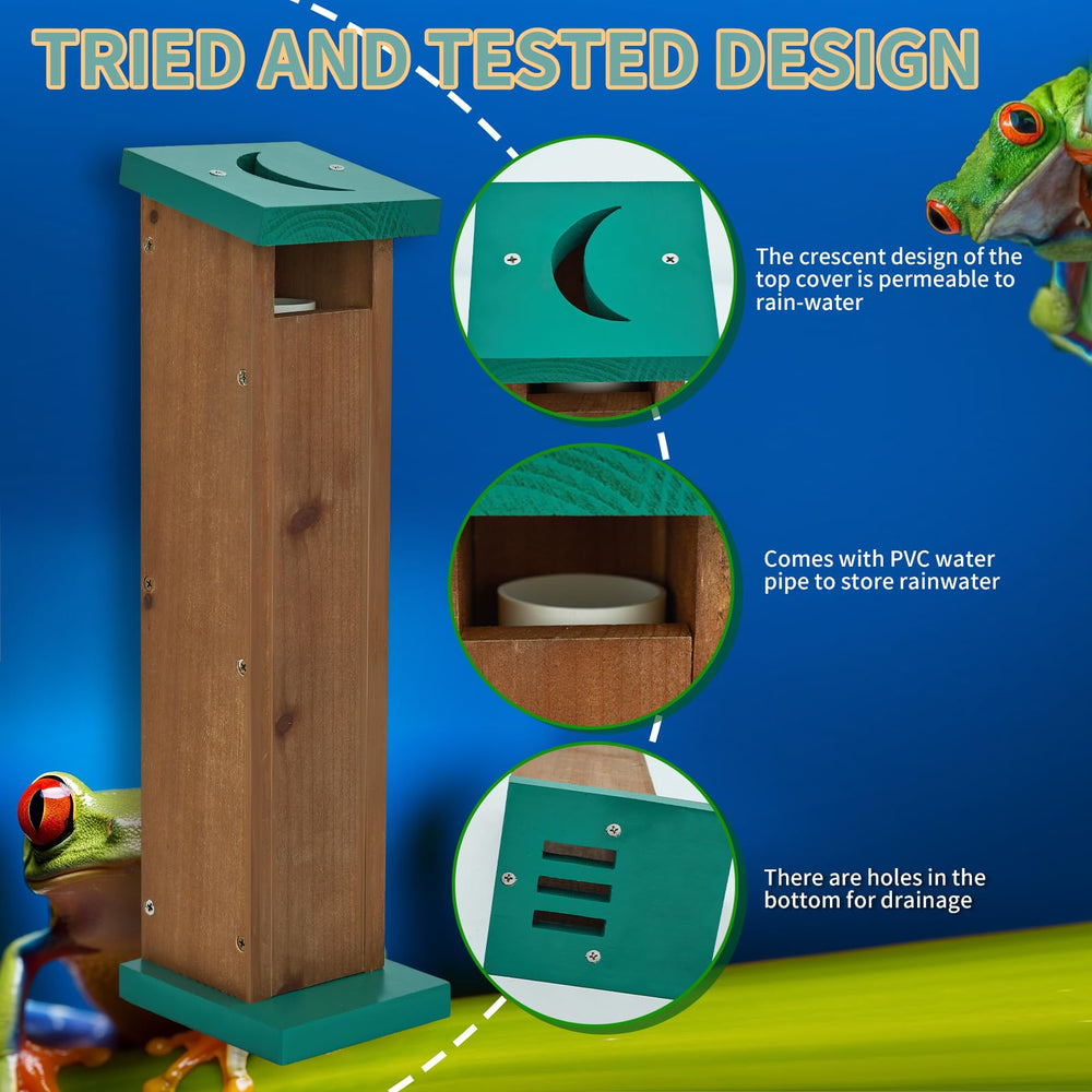 Niyanghome Tree Frog House drainage holes image shows preventing standing water for cleanliness.