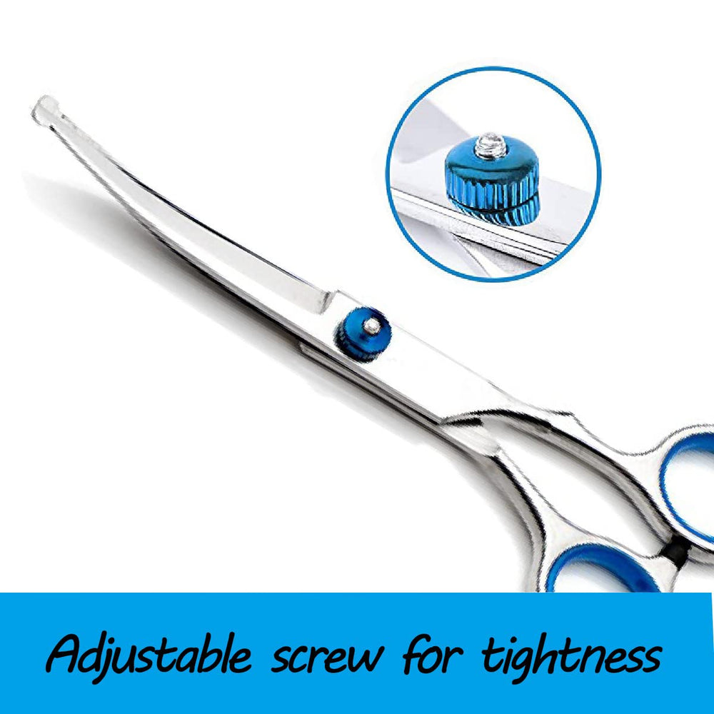 Nlmskzzy curved dog grooming scissors screw detail closeup shows tension-adjustable blades
