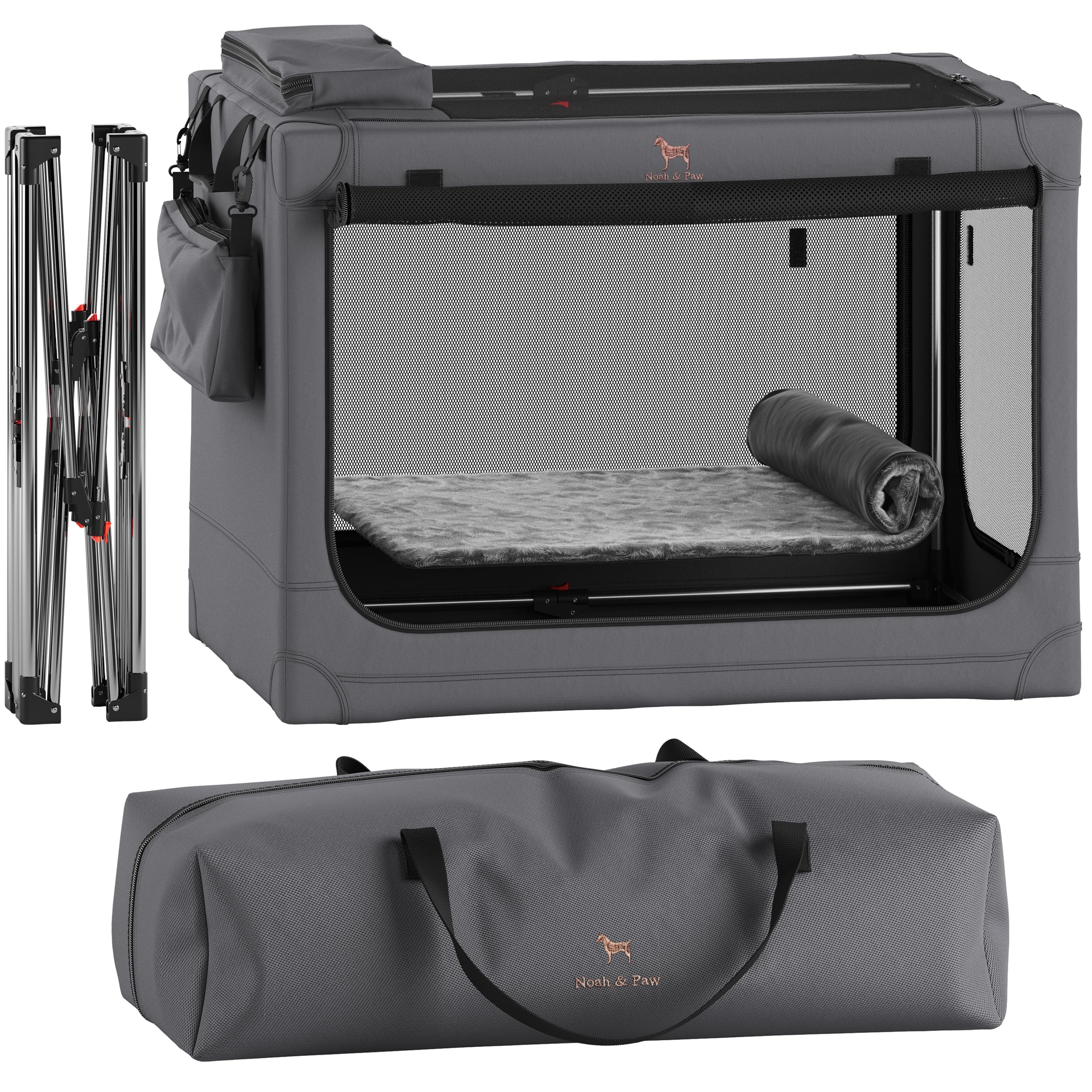 Noah & Paw collapsible crate cover setup shows durable home-to-travel enclosure.