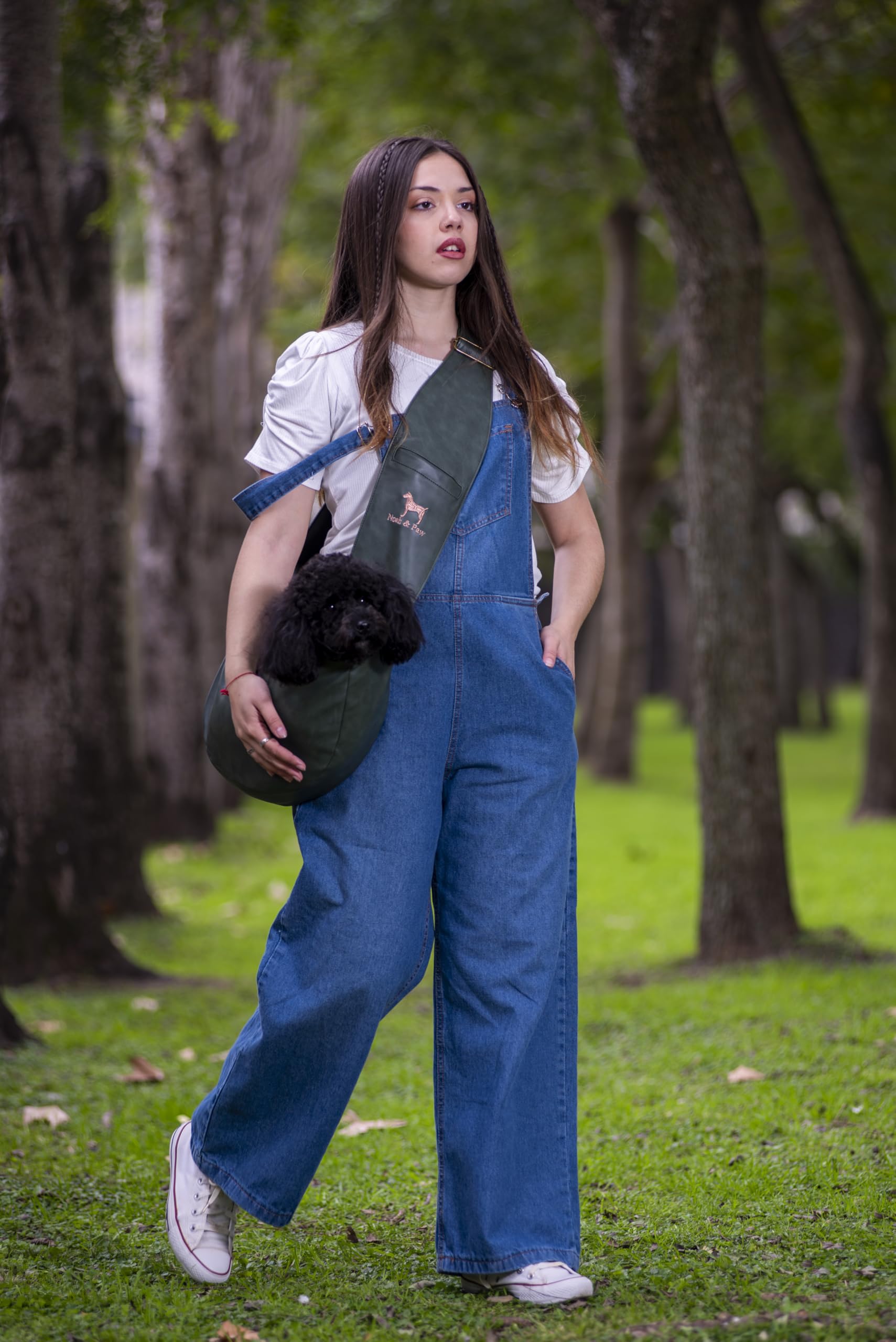 Noah & Paw dog sling carrier kid-friendly-design illustrates safe carry suitable for adults and children.