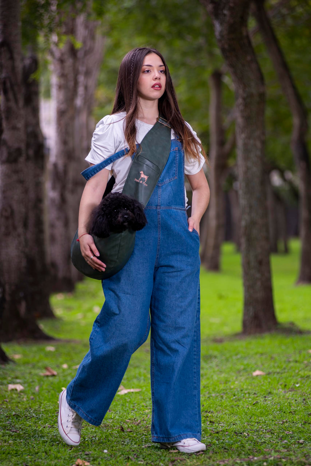 Noah & Paw dog sling carrier kid-friendly-design illustrates safe carry suitable for adults and children.