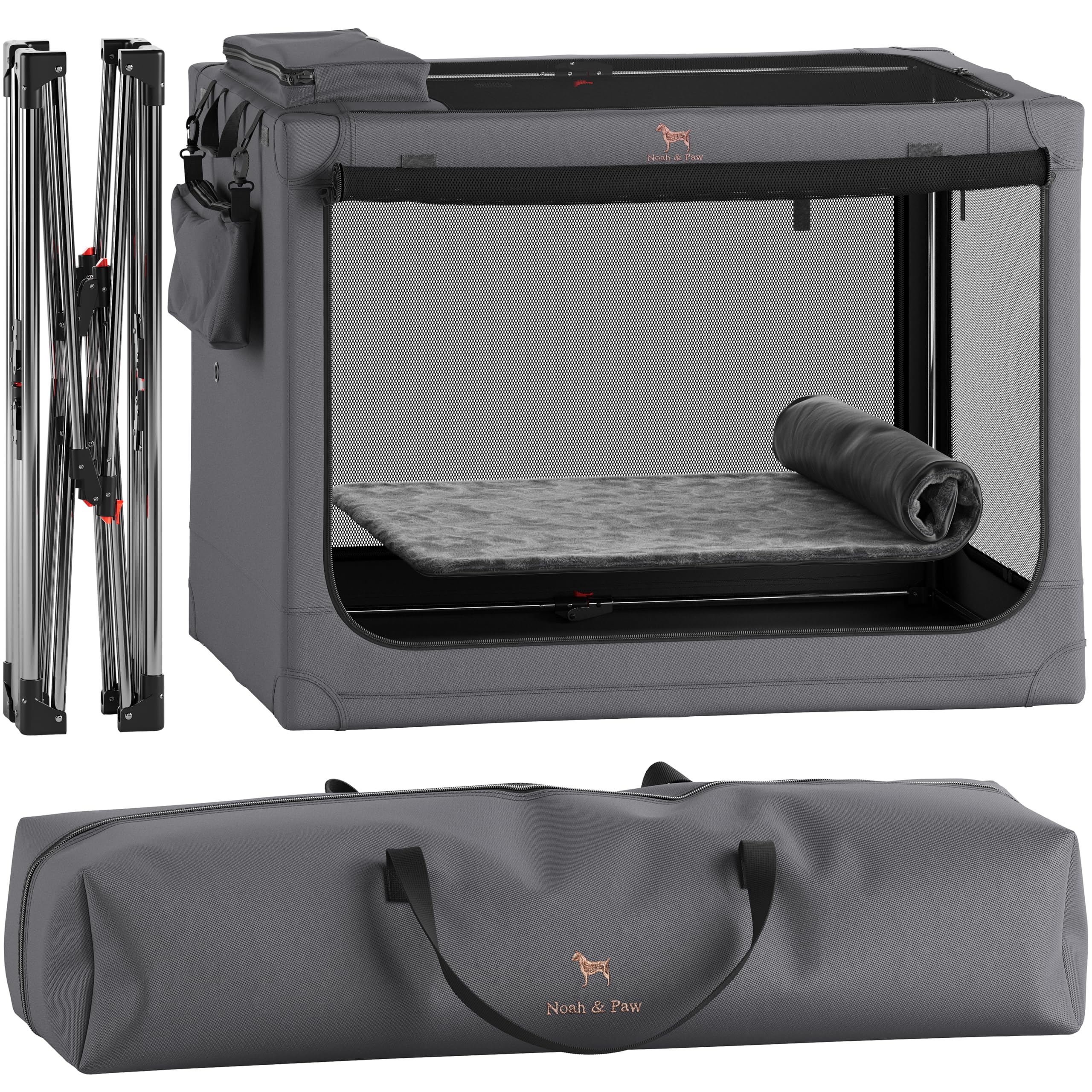 Noah & Paw collapsible dog crate front view shows durable frame for travel