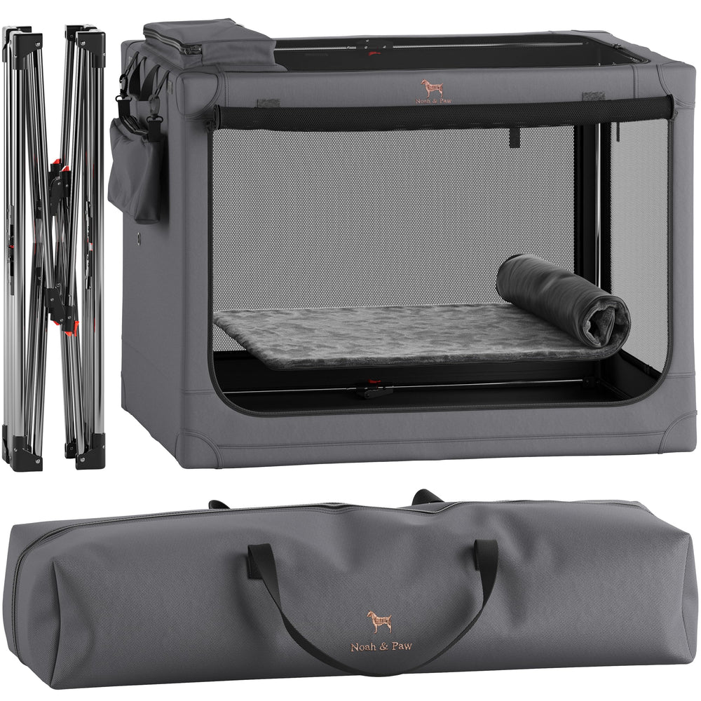 Noah & Paw collapsible dog crate front view shows durable frame for travel