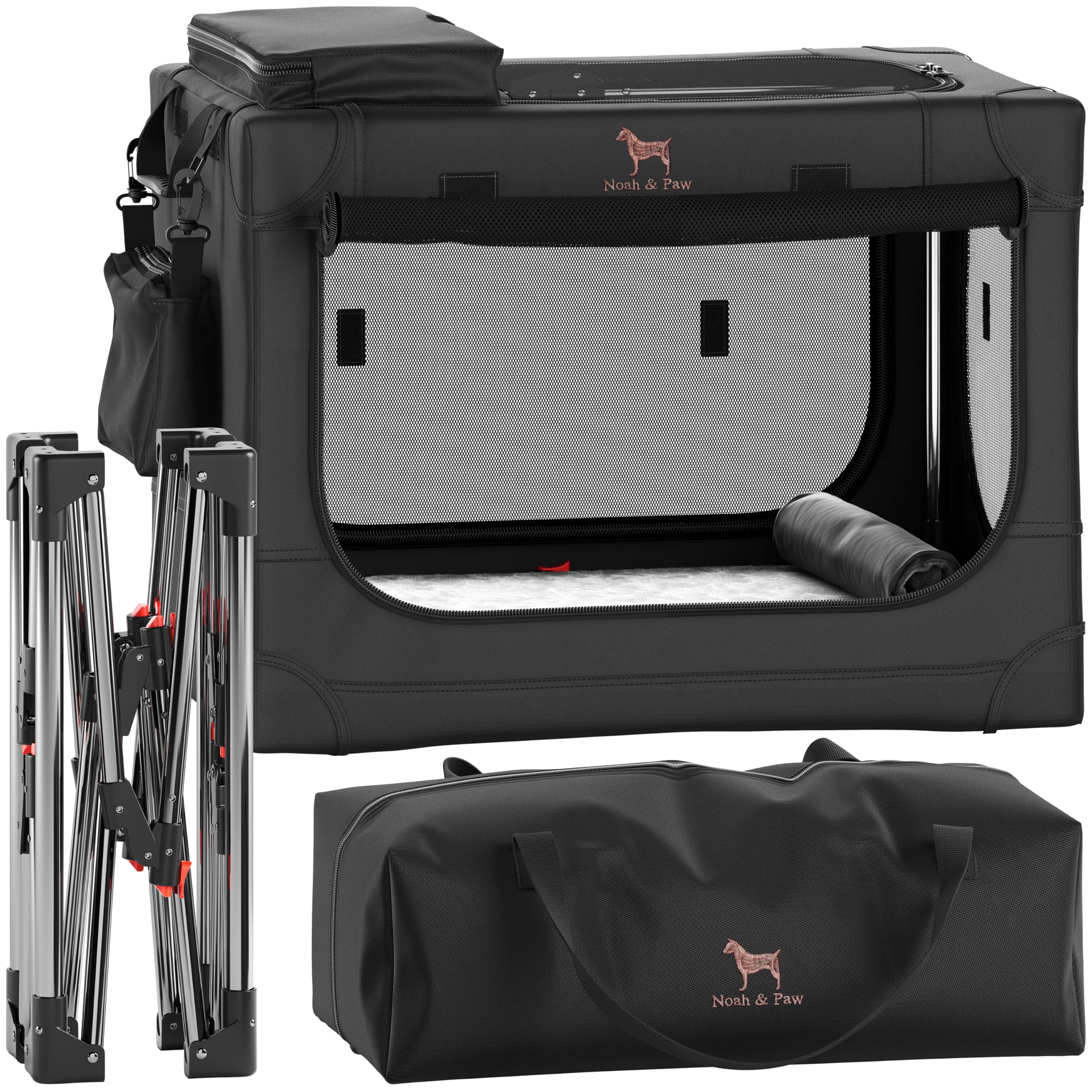 Noah & Paw collapsible dog crate frame shows quick setup and portability.