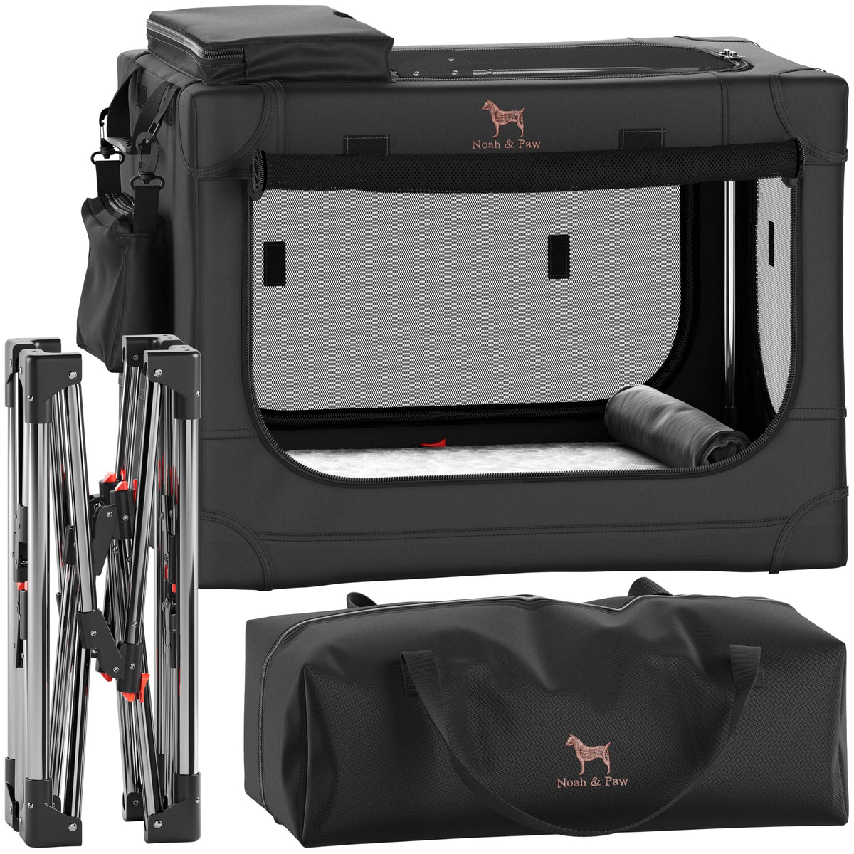 Noah & Paw collapsible dog crate frame shows quick setup and portability.