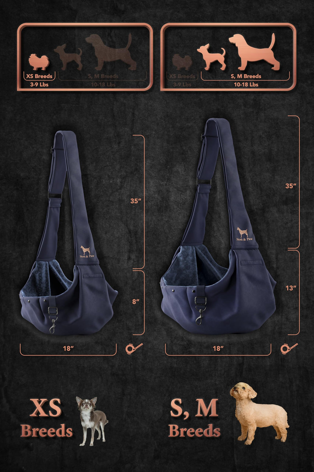 Noah & Paw dog sling fits pets 5-18 lb for versatile daily use.