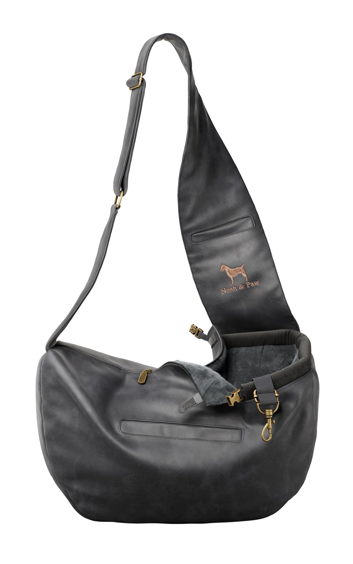 NOAH & PAW dog sling carrier side view shows compact small-dog fit for everyday errands