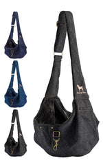 NOAH & PAW dog sling carrier in premium denim, front view, ideal for hands-free walks