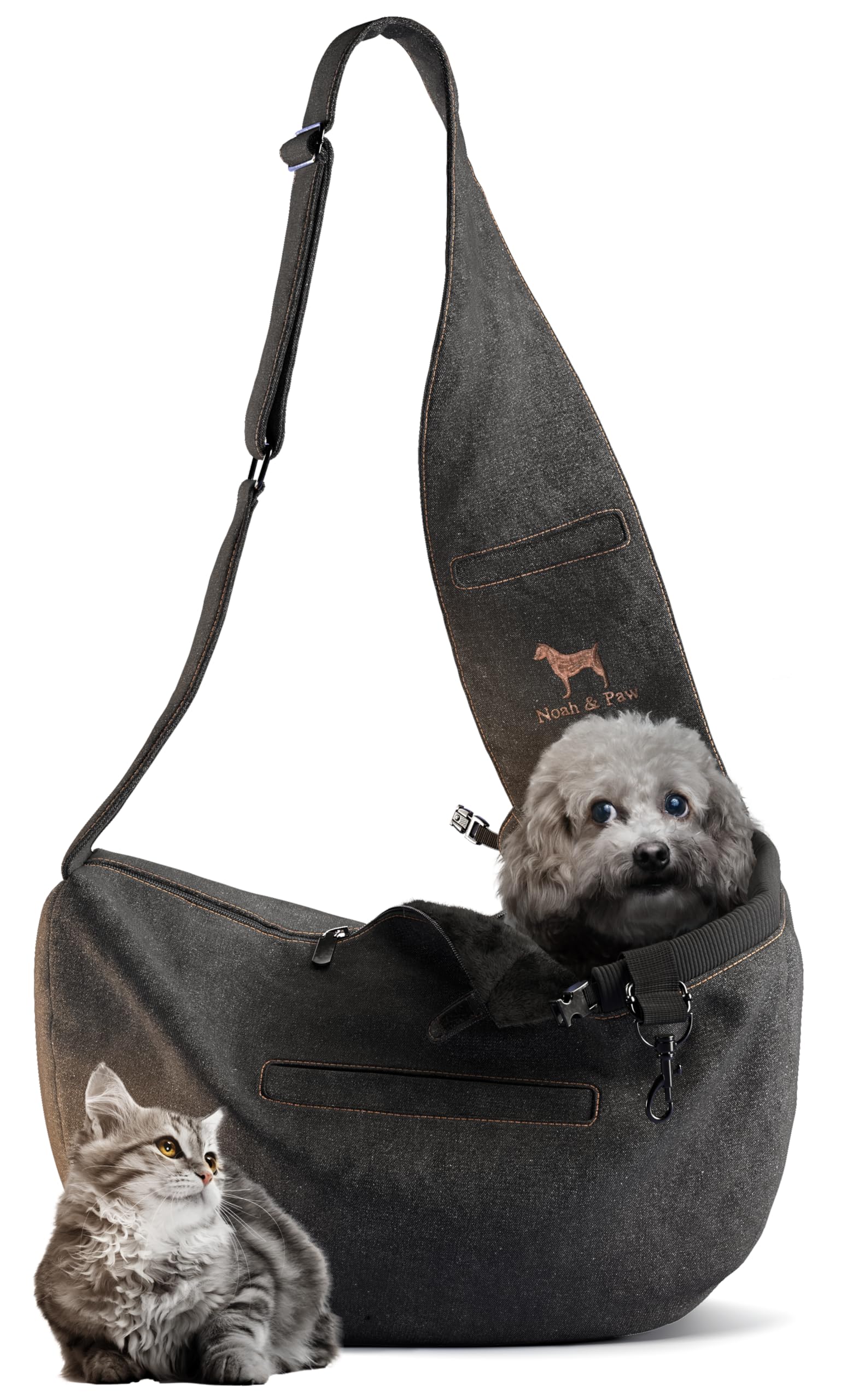 Noah & Paw dog sling carrier denim-strap provides secure support for small dogs during walks.