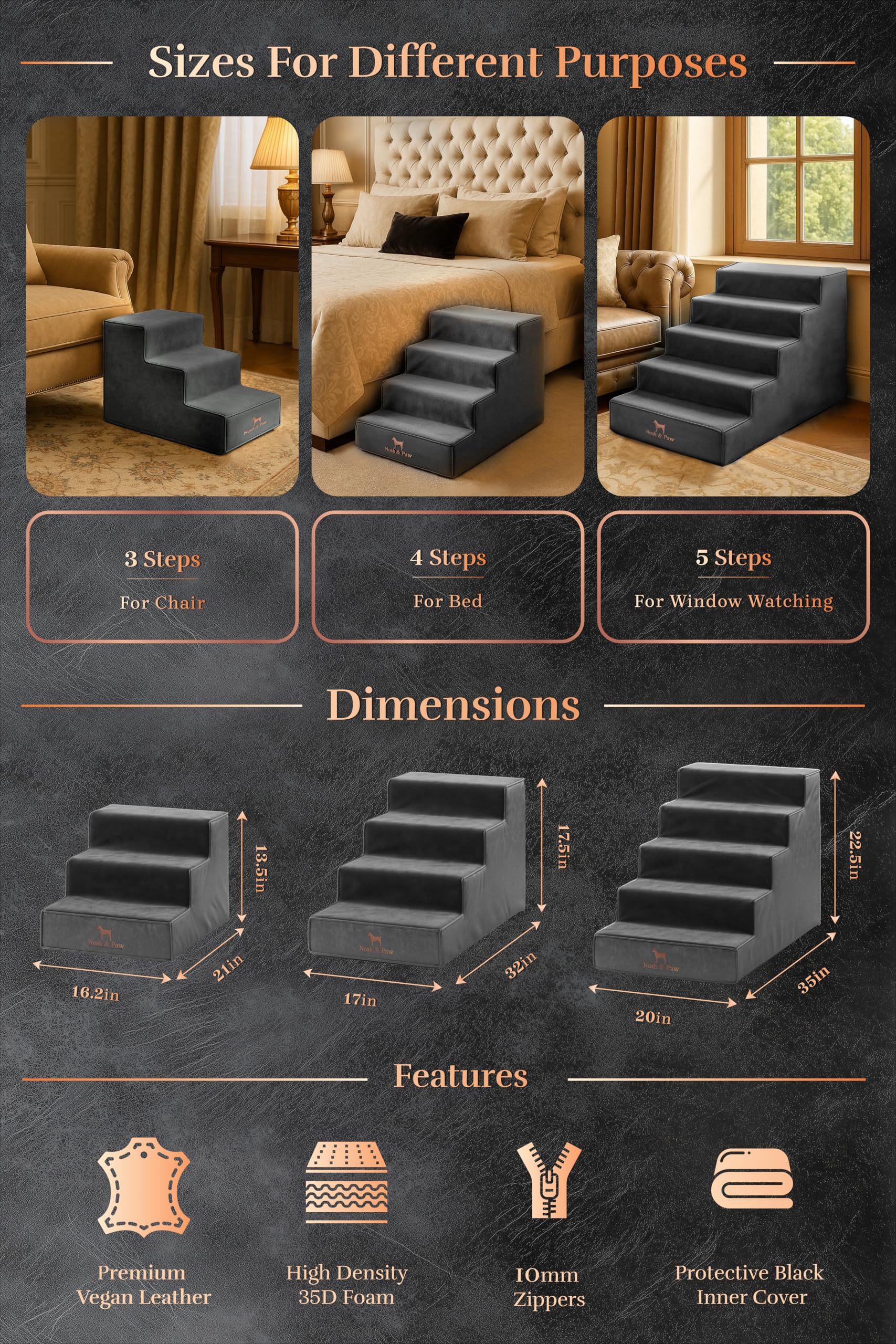 Noah & Paw dog stairs 16-inch-wide base image shows extra-wide steps for safe footing.