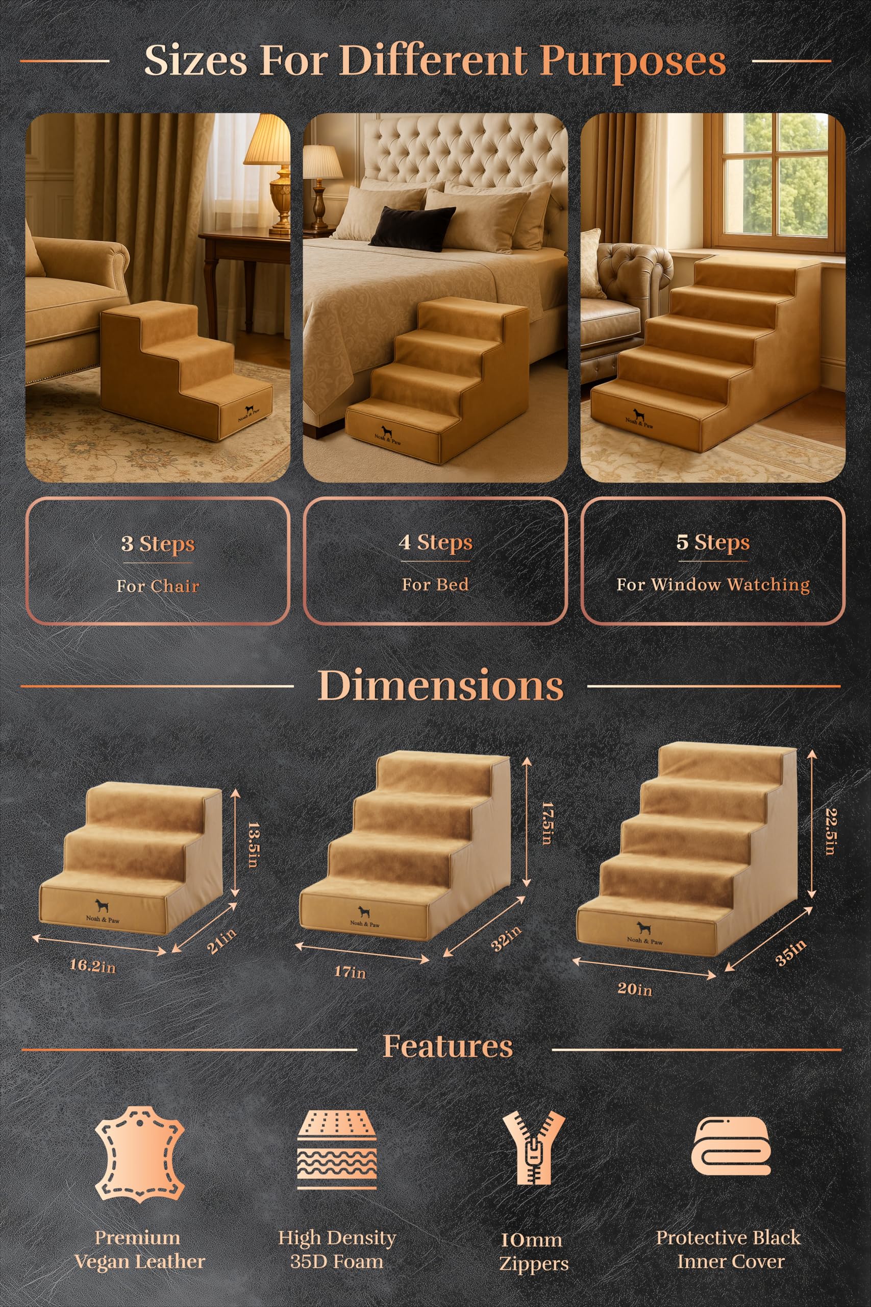 Noah & Paw dog stairs leather collection removable cover with a 10mm zipper enables easy cleaning.