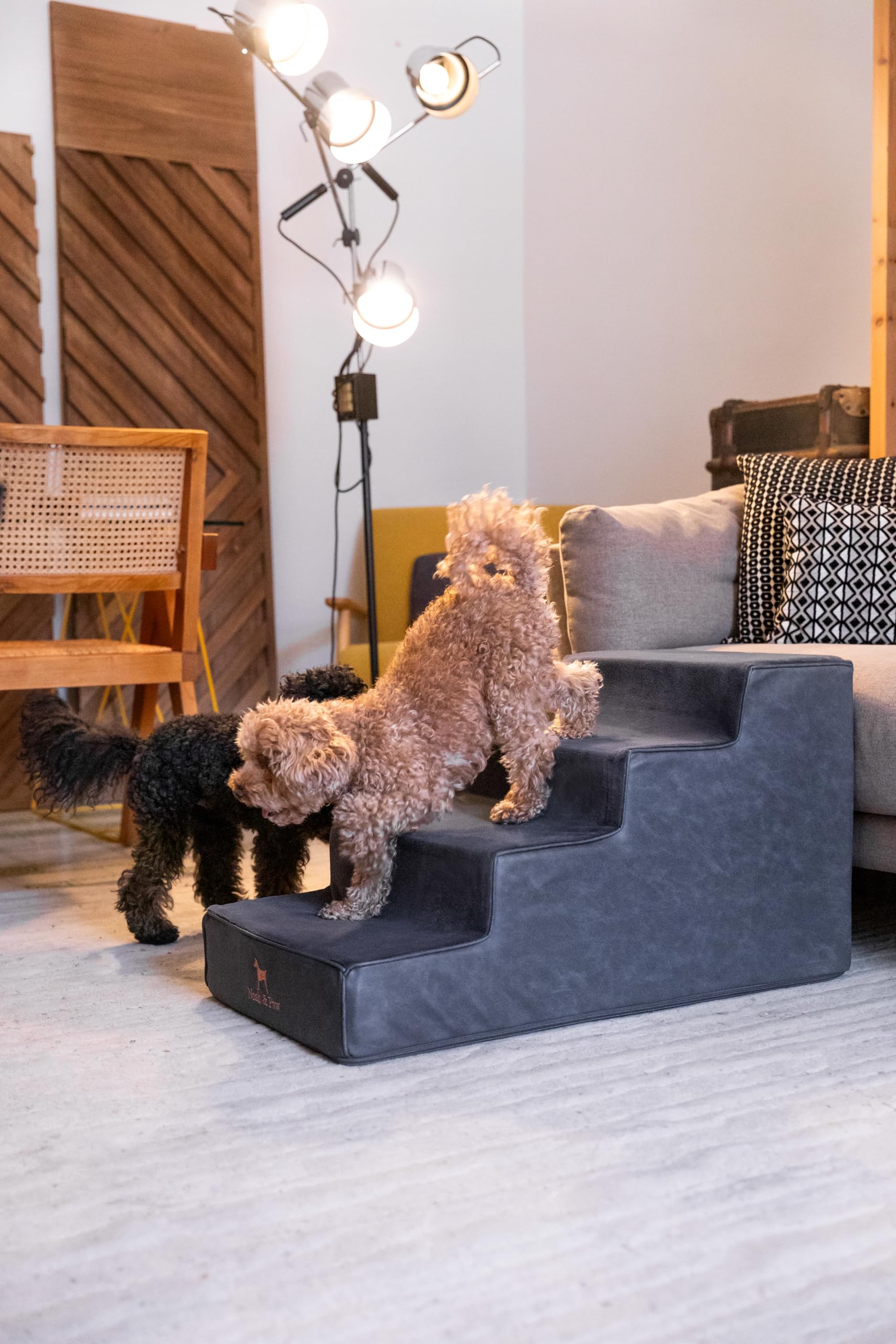 Noah & Paw dog stairs plush fabric detail highlights a cozy climb for pets.