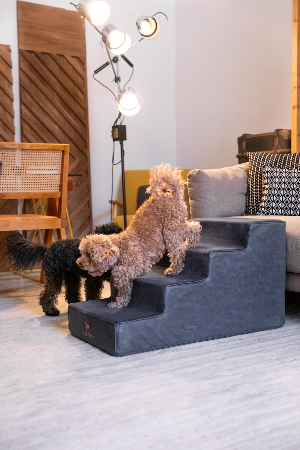 Noah & Paw dog stairs plush fabric detail highlights a cozy climb for pets.