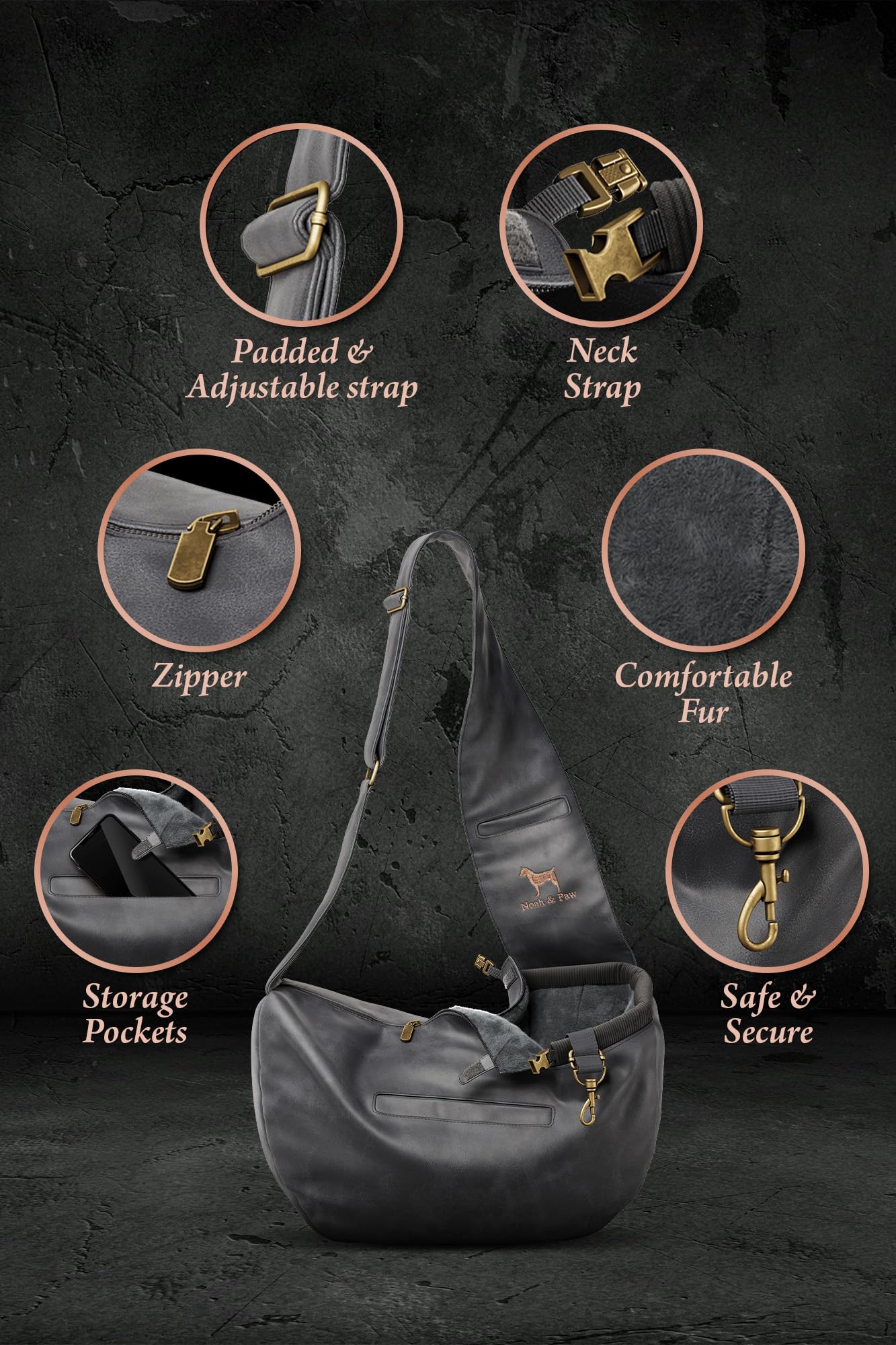 NOAH & PAW sling features two magnetic pockets for essentials during walks