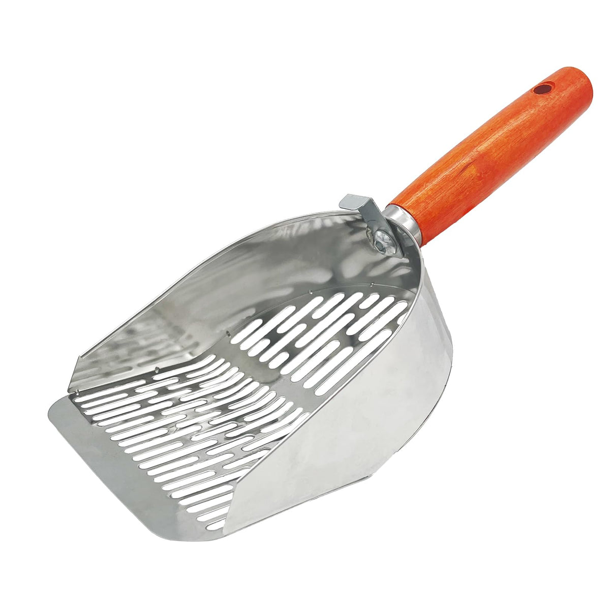 Nobiqfoq metal cat litter scoop shows ergonomic wooden handle for comfortable cleaning