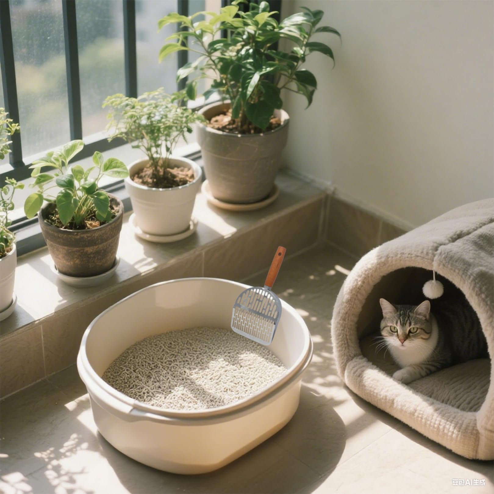 Nobiqfoq metal cat litter scoop long handle aids reach and reduces mess