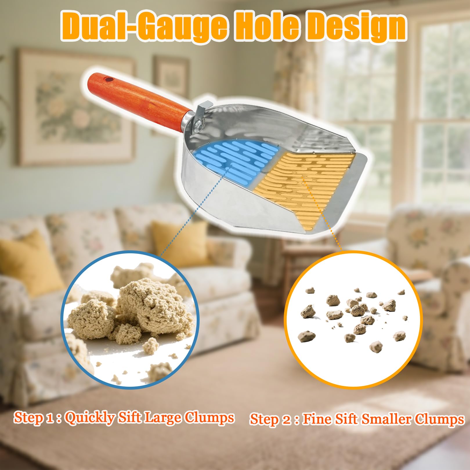 Nobiqfoq stainless steel cat litter scoop highlights rust resistance and easy cleaning
