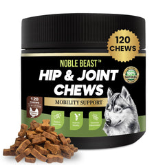Noble Beast dog joint soft chews bottle shows natural ingredients for hip support.
