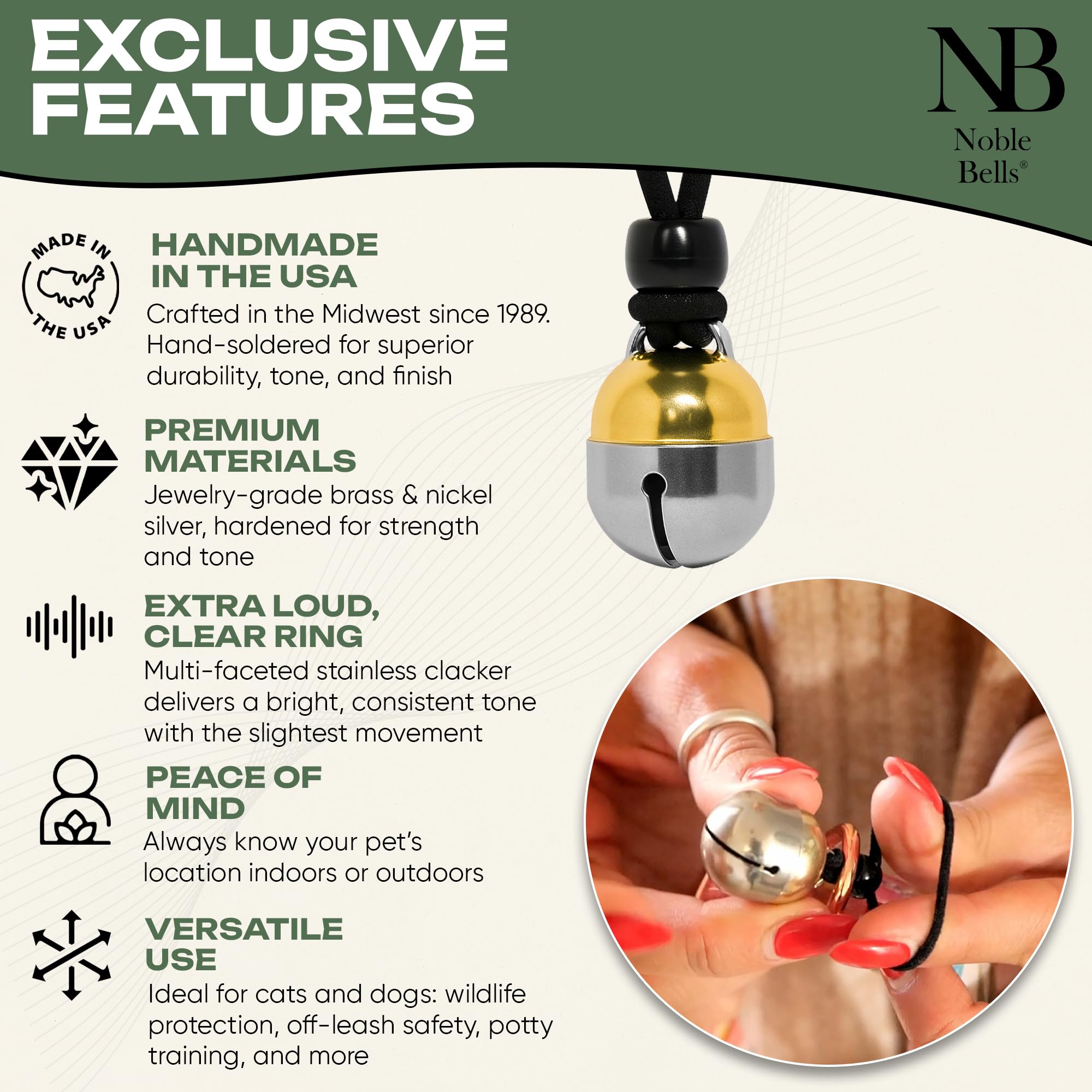 Noble Bells brass nickel silver detail highlights premium materials and long-lasting tone.