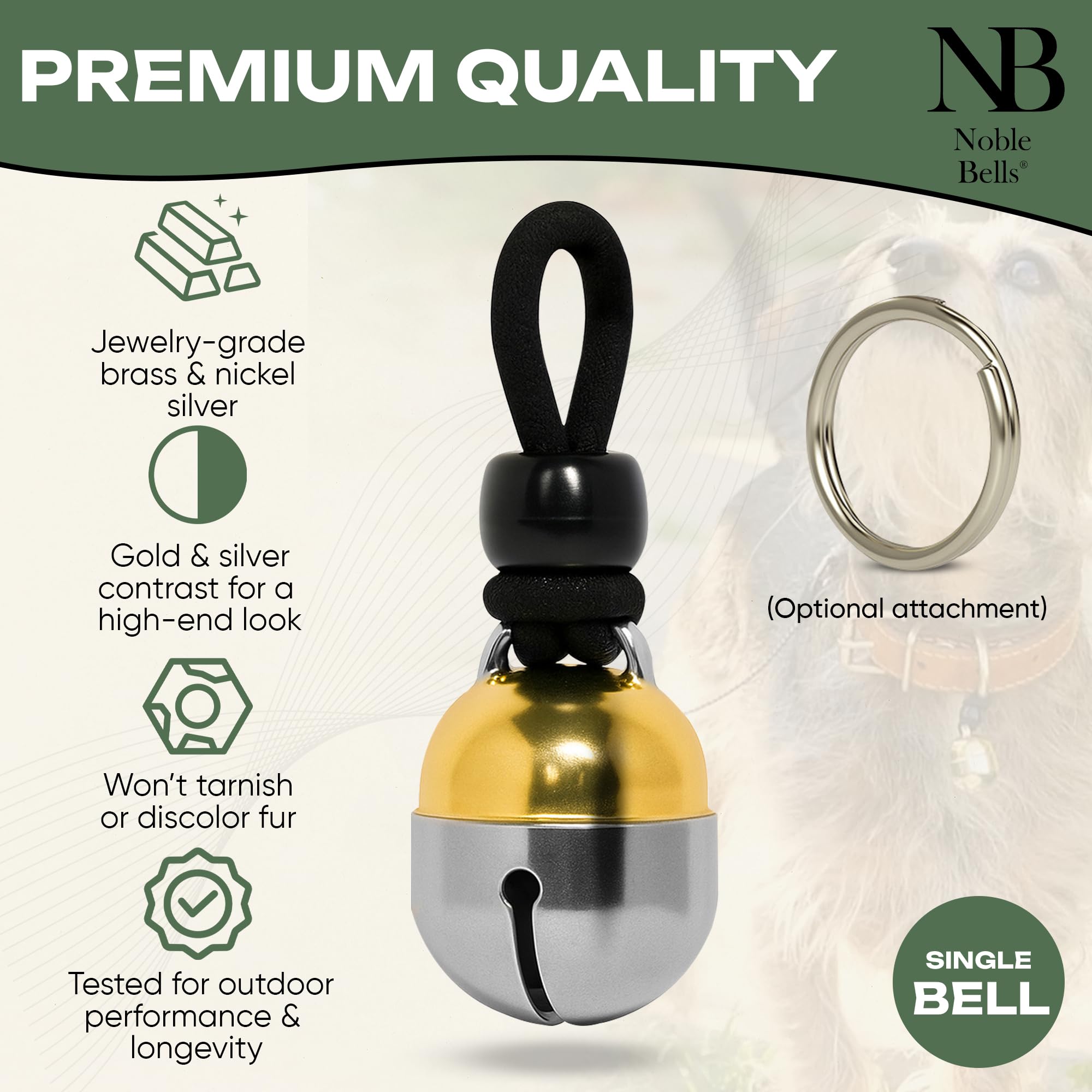 Noble Bells extra-loud clacker mounted on a collar demonstrating strong audible alerts for pets.