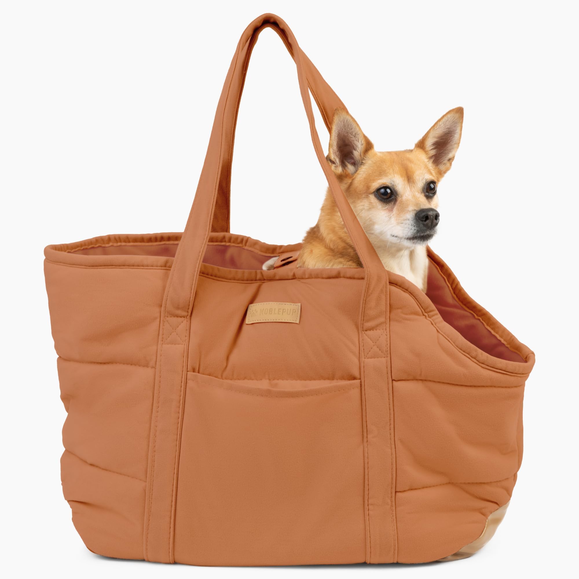 NoblePup plush dog purse carrier exterior in brown for cozy travel with small dogs.
