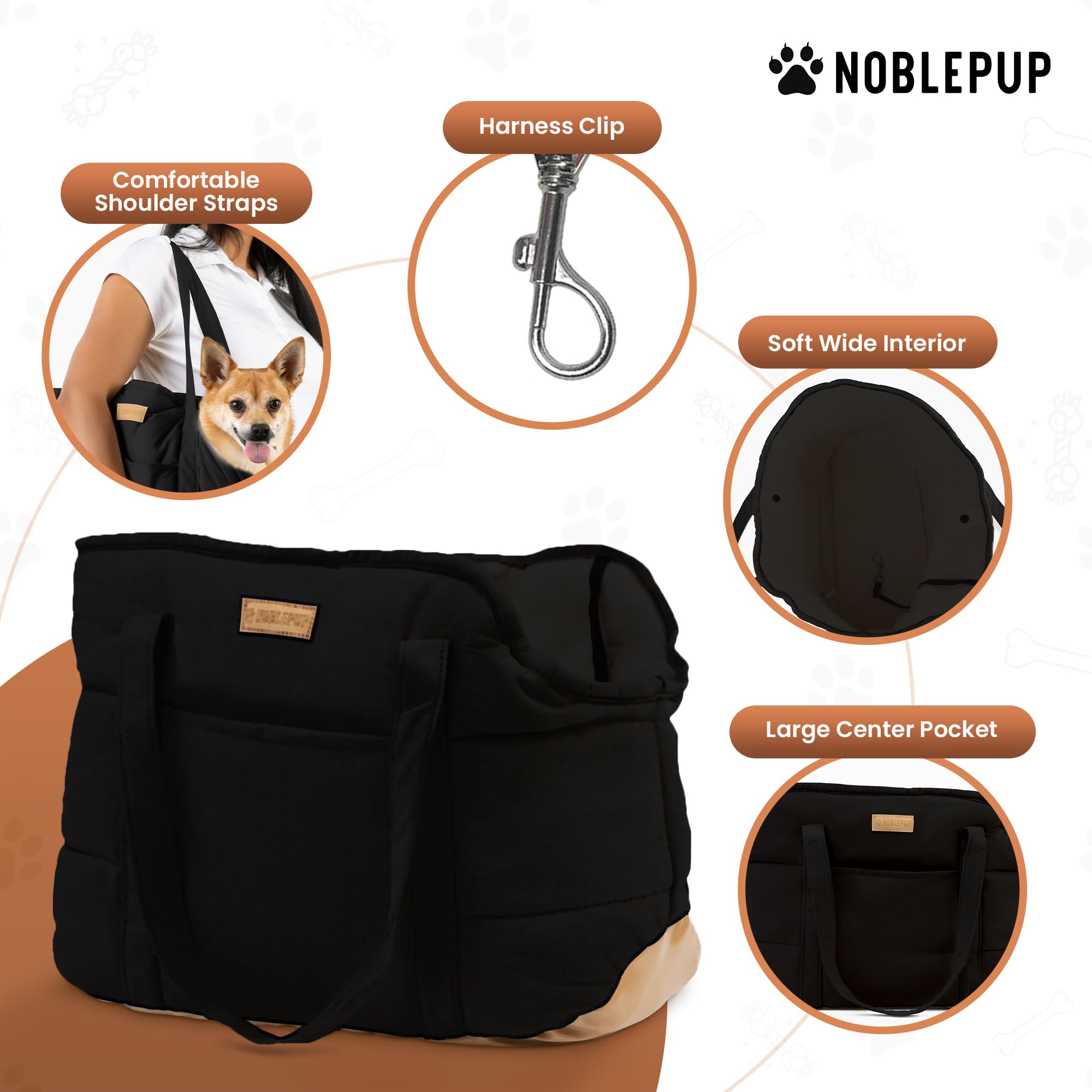 NoblePup safety harness clip demonstrates secure travel for small dogs during errands.