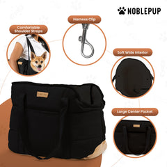 NoblePup safety harness clip demonstrates secure travel for small dogs during errands.