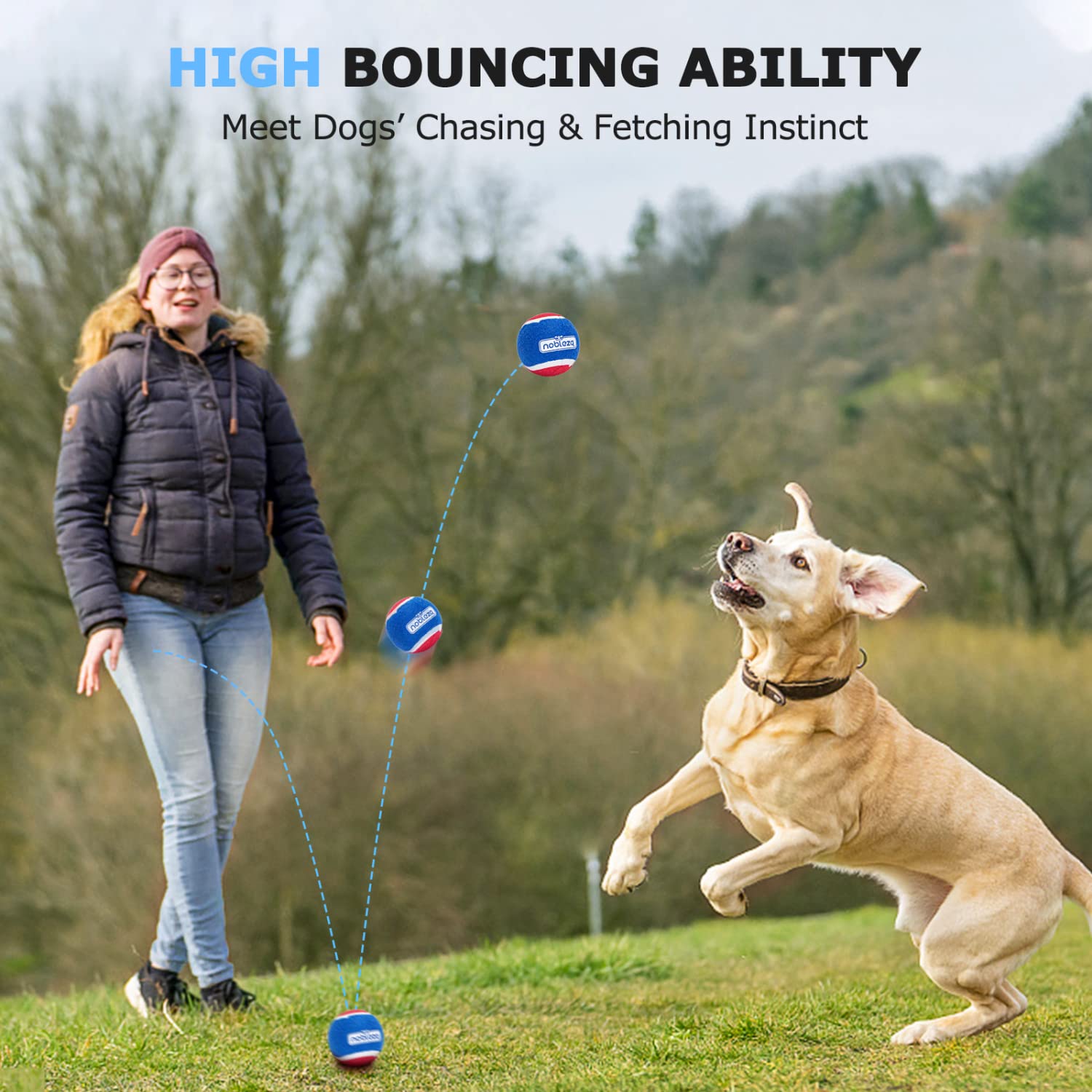 Nobleza dog tennis ball in red blue green colors for high visibility during fetch
