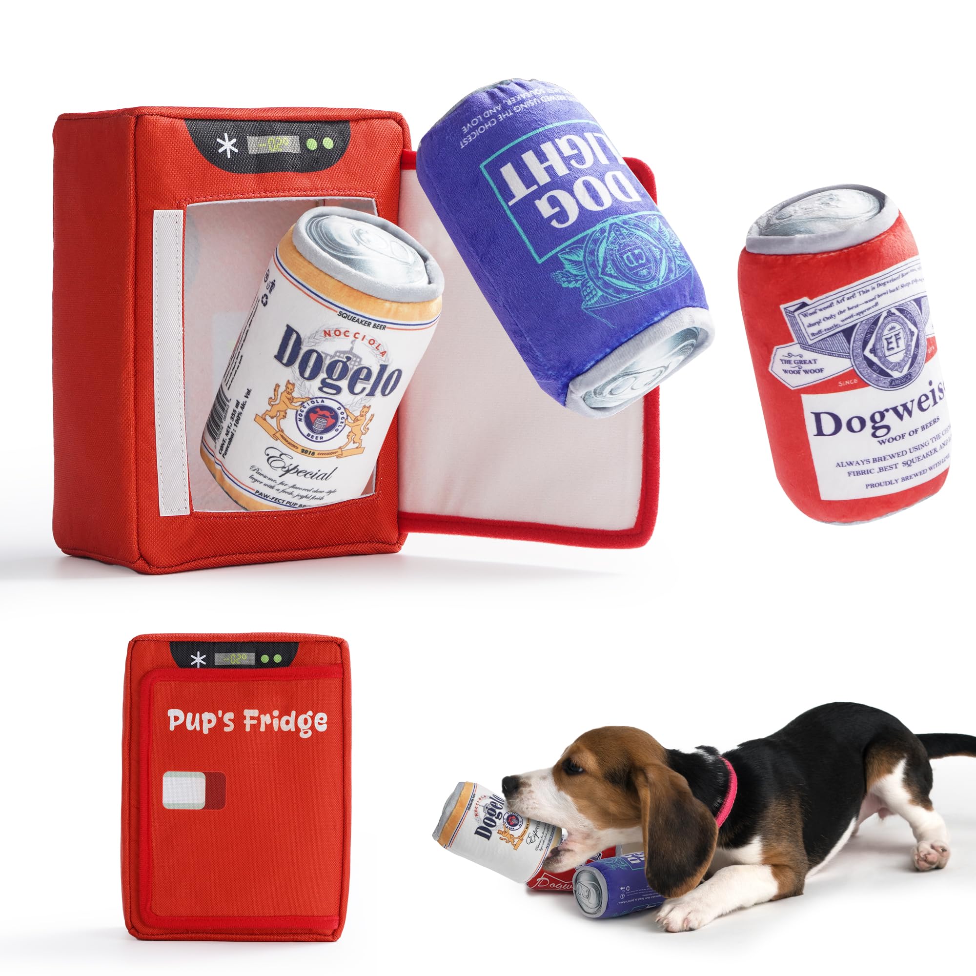Nocciola beer fridge dog toy—interactive puzzle play with treat hiding.