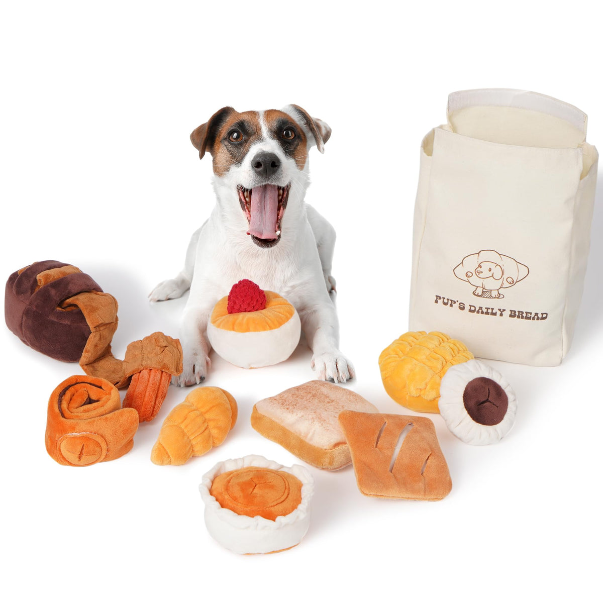Nocciola bread-shaped squeak toy keeps small dogs entertained during play.