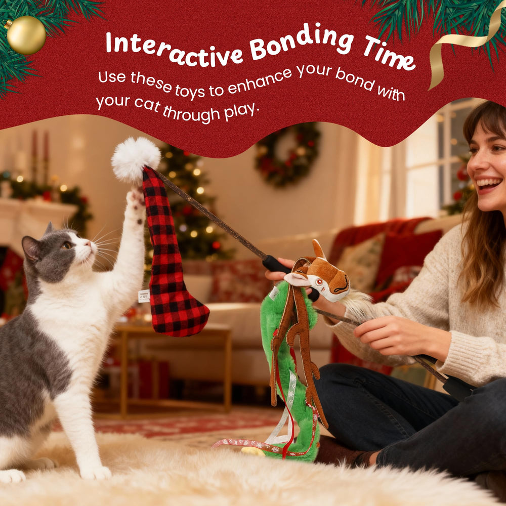 Nocciola Christmas cat wand toy bell and crinkle texture for sensory engagement