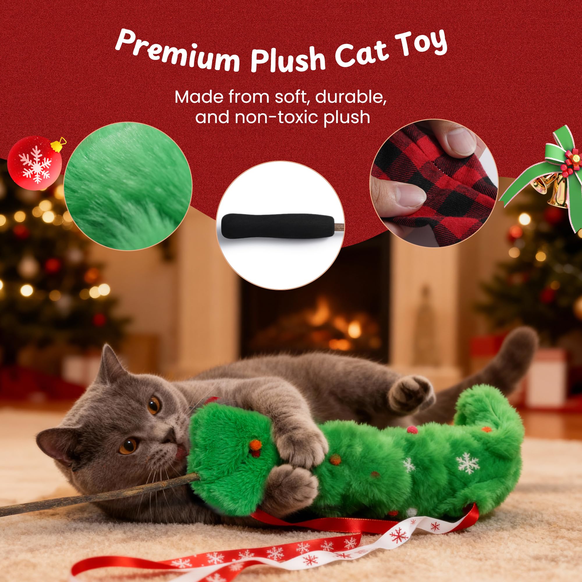 Nocciola Christmas cat wand plush detail showing soft fabric for safe indoor play