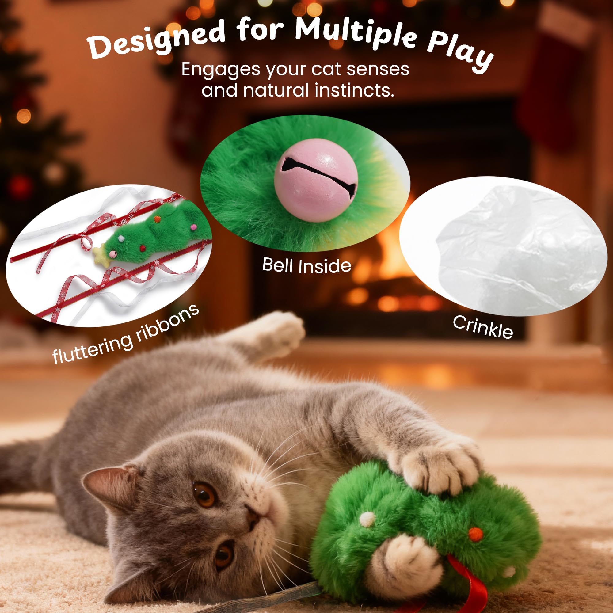 Nocciola Christmas cat wand toy Santa hat with fluttering ribbon for active chasing