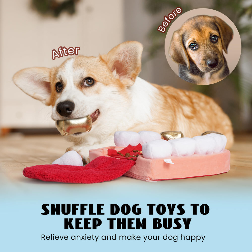Nocciola Dog Toy includes crinkle paper in the tongue for sensory-rich play.