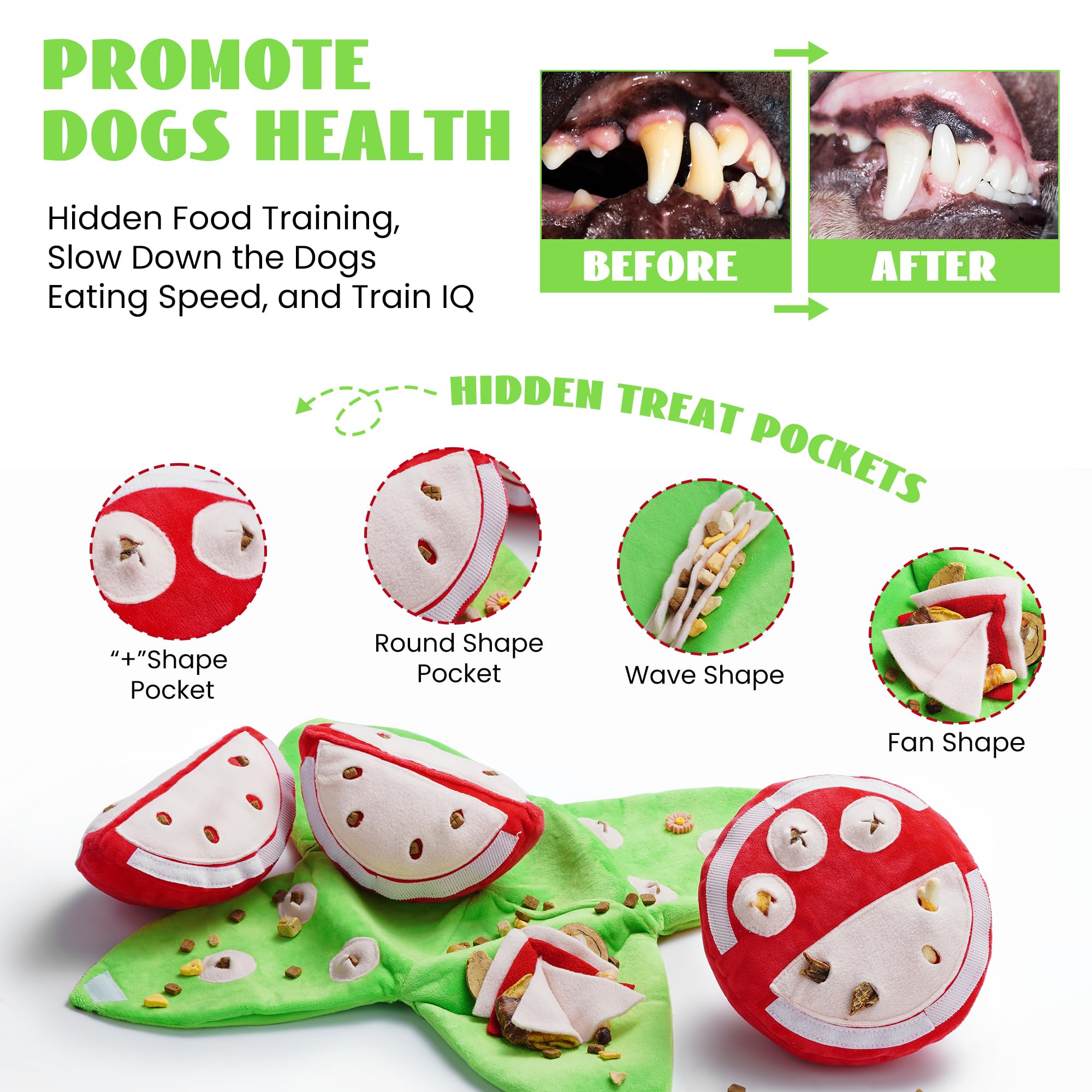 Nocciola hide-and-seek plush dog toy watermelon pulp pockets inspire sniffing and treat-search play.