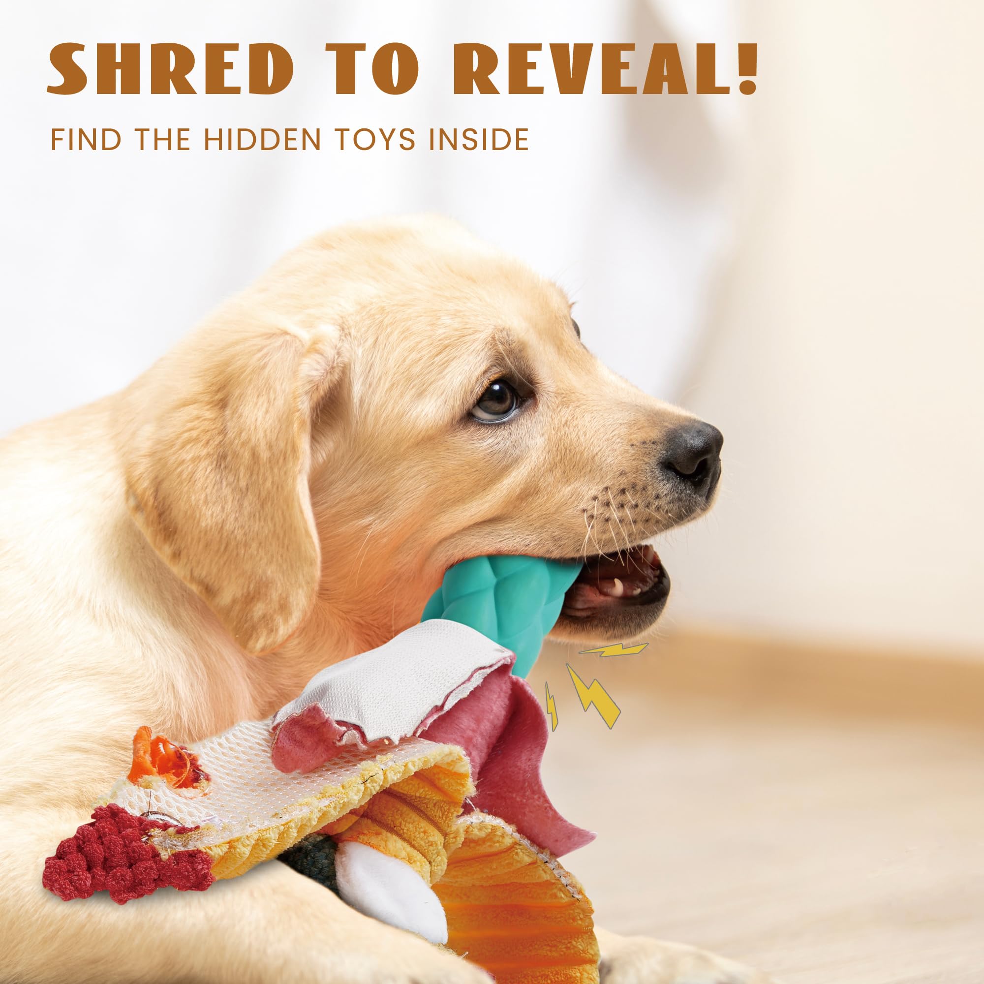Nocciola Rip and Reveal chicken toy crinkle feature enhances interactive play.