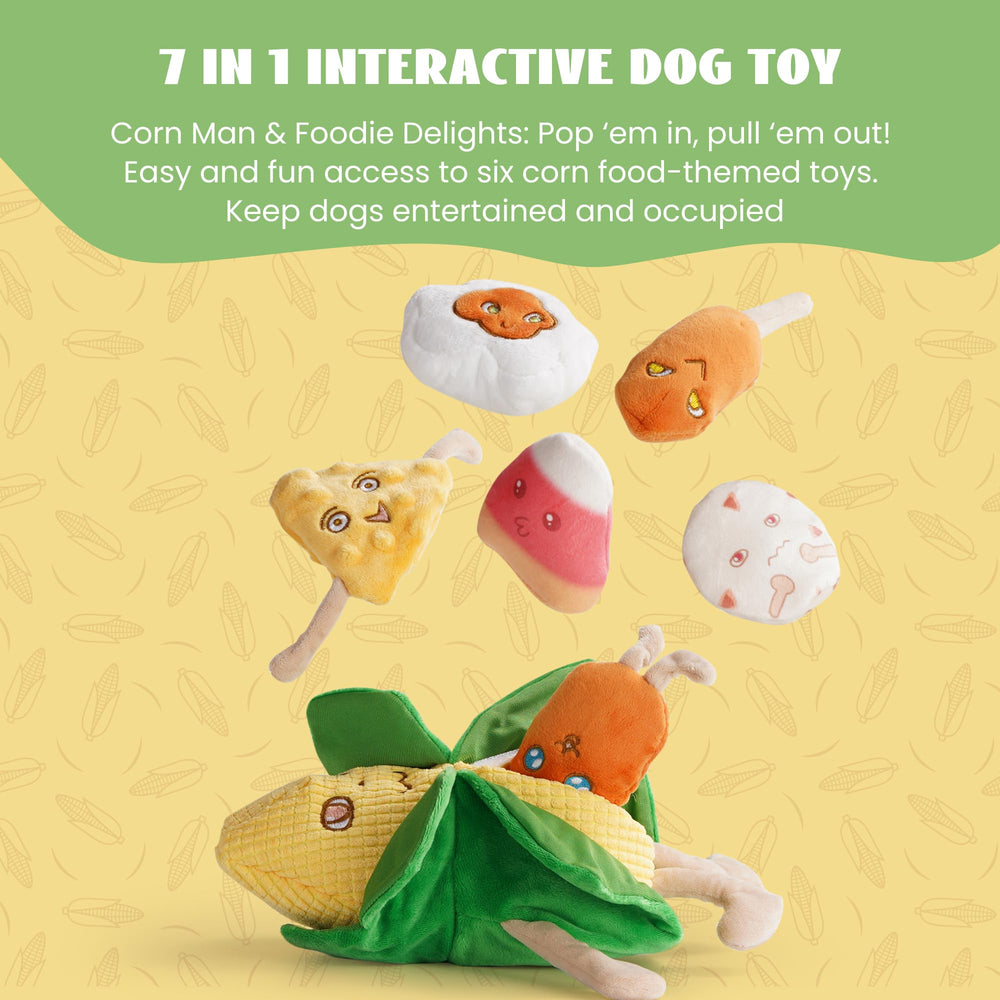 Nocciola Squeaky Crinkle Corn Dog Toy Pack close-up shows squeaker detail for auditory engagement